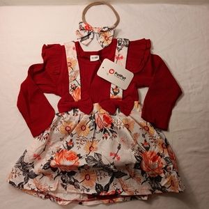 NWT PATPAT Girls Floral 2 Piece Dress And Bow Size 12-18 Months
